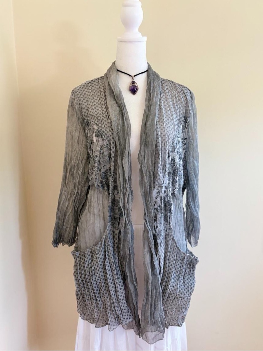 Chico’s whimsygoth boho fairy lace ruffle embroidered sheer gray cardigan Y2K L